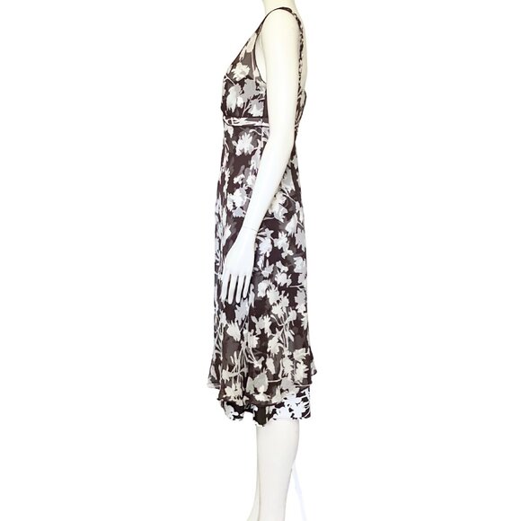Vintage Y2K 100% Silk Ann Taylor Brown White Floral Midi Dress S/M Size 8 V Neck - Picture 4 of 14